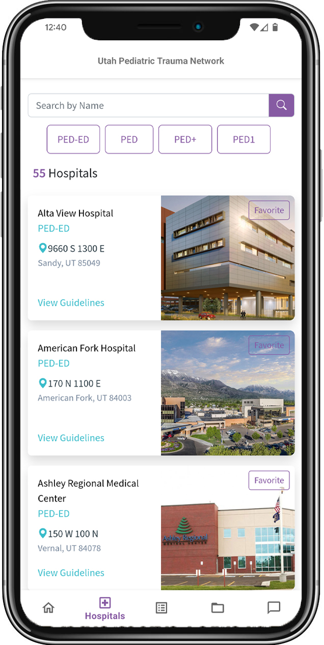 mobile phone displaying the hospitals screen of the app for Utah Pediatric Trauma Network