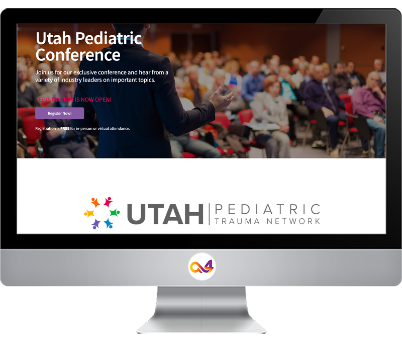 Desktop computer displaying the Conferences page of the Utah Pediatric Trauma Network website