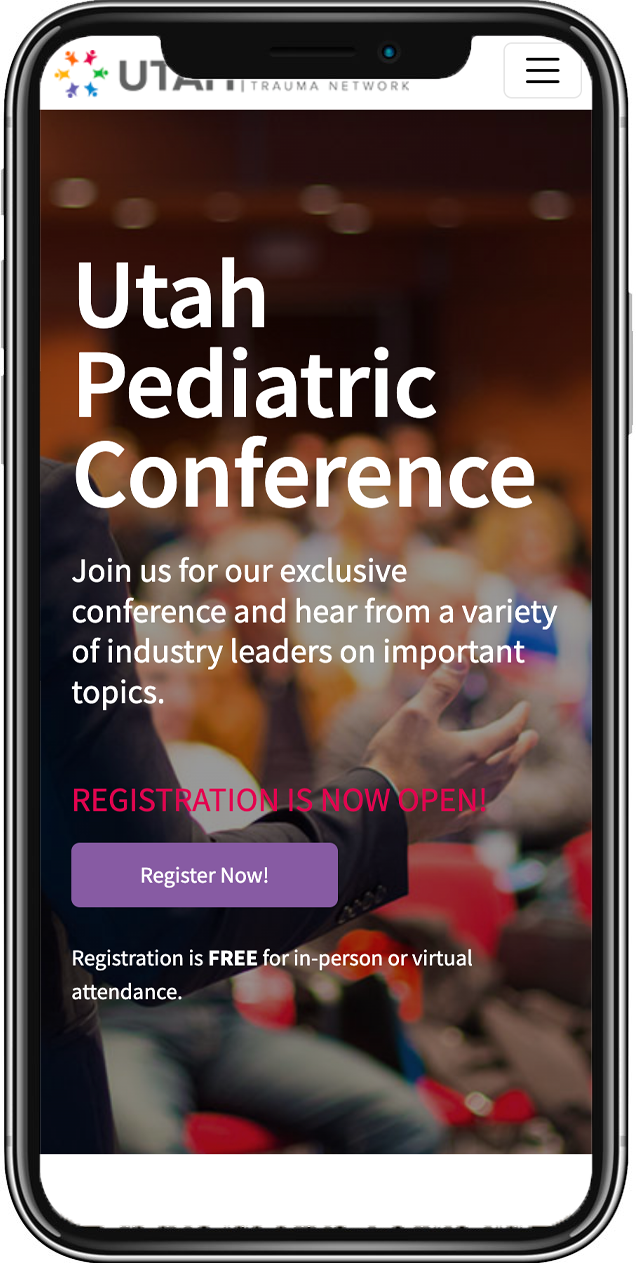 Mobile phone displaying the Conferences page of the Utah Pediatric Trauma Network website