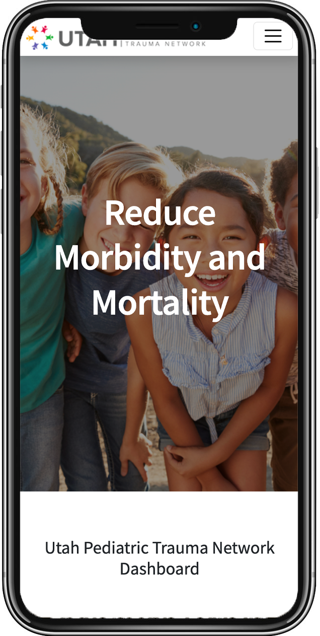 Mobile phone displaying the dashboards and benchmarks page of the Utah Pediatric Trauma Network website